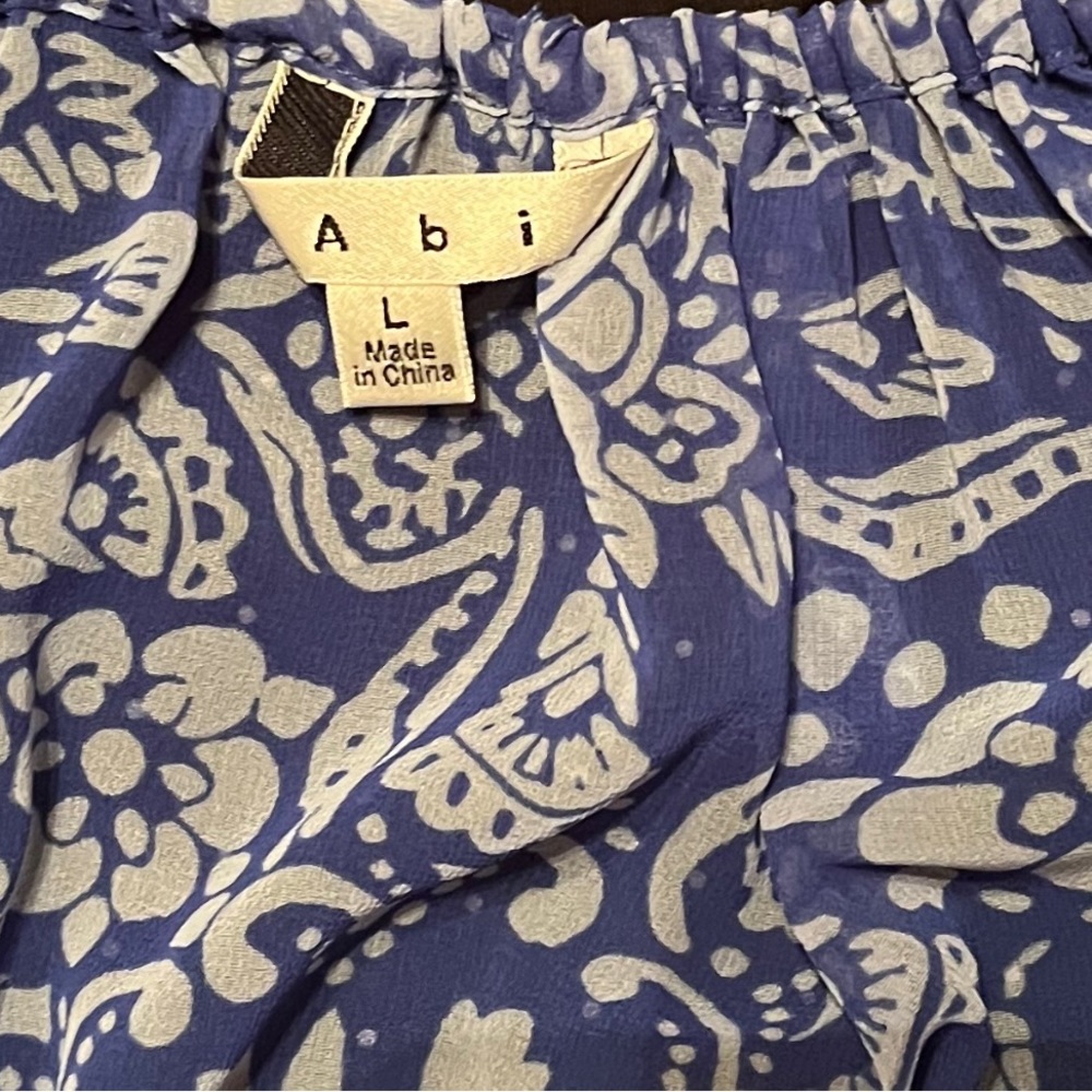Large ABI Brand Shear Blouse Blue with White floral designs. 3/4 sleeves.